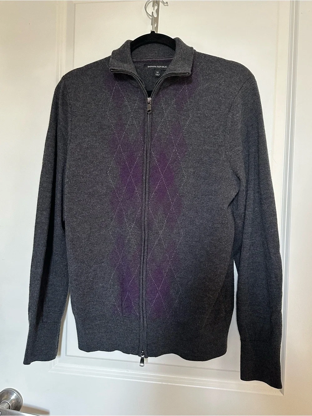 Banana Republic Unisex Wool Full-Zip Argyle Sweater - Charcoal with Purple